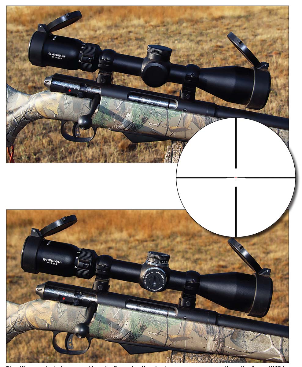The Athlon Optics Argos HMR 2-12x 42mm (top) is a high-quality and versatile riflescope that includes a blue-collar MSRP. It would make an ideal pairing with a favorite big-game or rimfire rifle. The riflescope (below) includes capped turrets. Removing the aluminum screw-on caps allows the Argos HMR to be used like an exposed-turret scope.